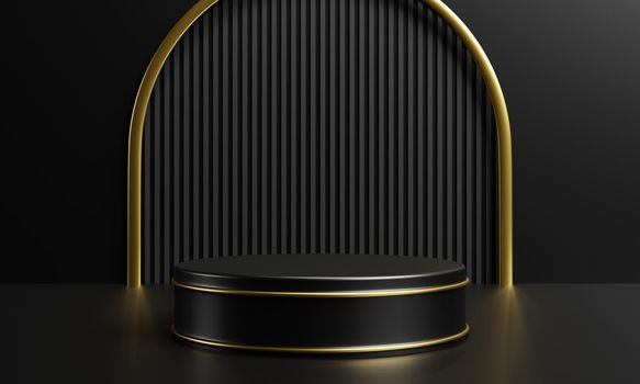Luxury gold and black podium for cosmetics advertising template background. Object and business mockup concept. 3D illustration rendering