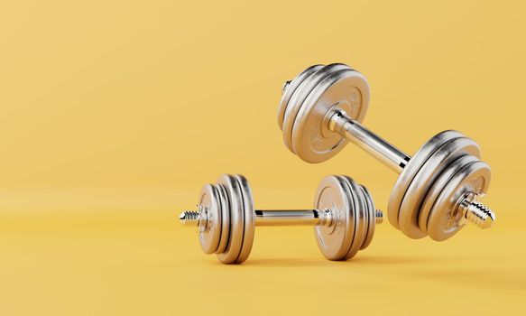 Two dumbbells on isolated yellow background. Fitness accessories and sport object concept. 3D illustration rendering