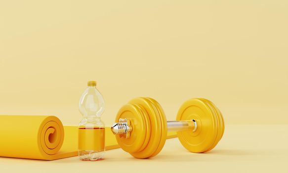 Sport fitness set with yoga mat drinking water bottle and dumbbell on pastel yellow background. Fitness and sport concept. Monocolor. 3D illustration rendering