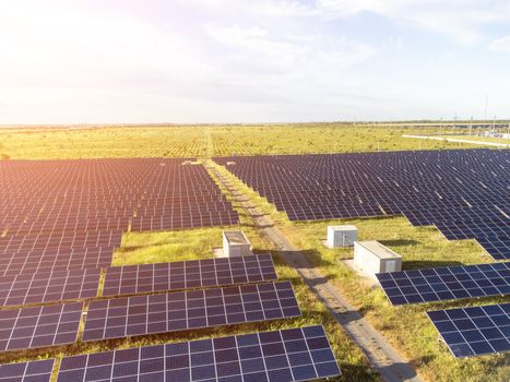 Aerial top view of a solar panels power plant. Photovoltaic solar panels at sunrise and sunset in countryside from above. Modern technology, climate care, earth saving, renewable energy concept