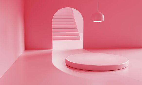 Pink empty room with podium for advertising in minimal background. Architecture and Business product presentation concept. Monocolor theme. 3D illustration rendering.