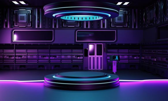 Inside spaceship laboratory interior architecture and empty podium for cyberpunk product presentation. Technology and Sci-fi concept. 3D illustration rendering