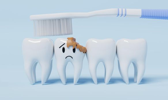 Unhealthy emotion teeth with toothbrush on blue background. Dental and Health care concept. 3D illustration rendering