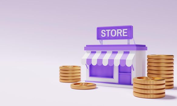 Storefront with money gold coin on purple background and copy space. Business financial and startup entrepreneurship concept. 3D illustration rendering