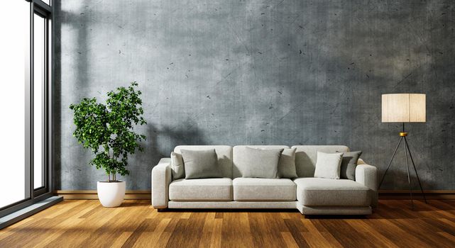 Cozy sofa in modern concrete empty room with plants windows and lamp on wooden floor. Architecture and interior concept. 3D illustration rendering