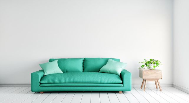 Green sofa with plants table on empty white wall in living room background. Architecture and interior. 3D illustration rendering