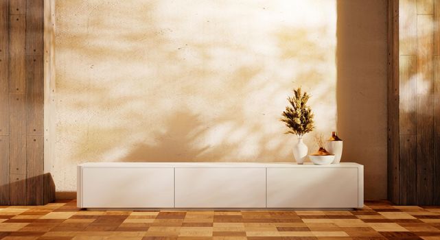 White wooden cabinet in modern empty room with decoration vase and empty wall on wooden background. Japanese style theme. Architecture and interior concept. 3D illustration rendering