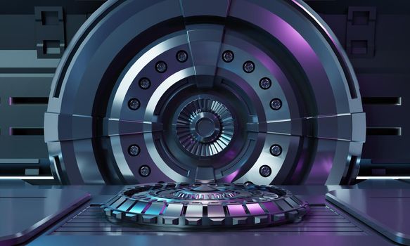 Sci-fi product podium showcase inside spaceship with security metal gate background. Technology and object concept. 3D illustration rendering