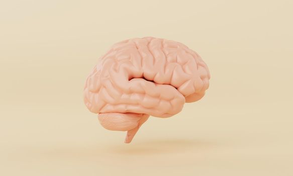 Orange simple mind brain model on yellow background. Medical science healthcare and abstract object concept. 3D illustration rendering