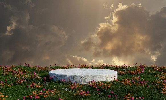 Natural stone podium on meadow grass field and cloudy sky background. Nature and weather concept. 3D illustration rendering
