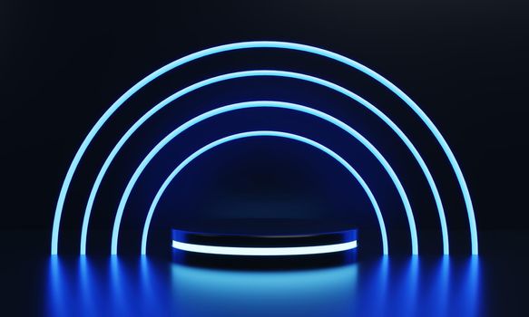Modern round product showcase sci-fi podium with blue glowing light neon ring frame background. Technology and object concept. 3D illustration rendering