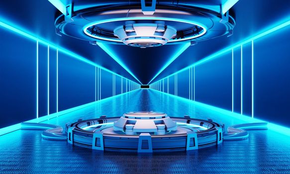 Sci-fi product podium showcase in spaceship with white and blue background. Space technology and object concept. 3D illustration rendering