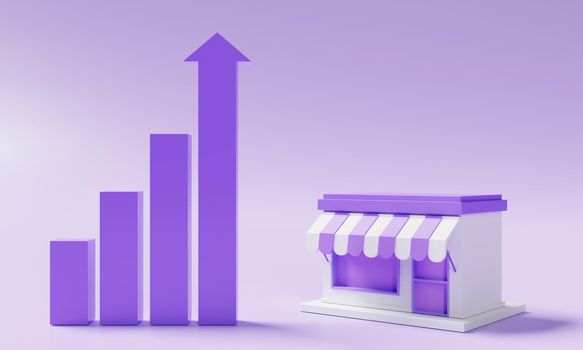 Minimal storefront model and rising bar chart graph on purple background. Business owner and Startup entrepreneur concept. 3D illustration rendering