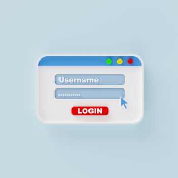 Login Username and password user interface pop-up window on blue background. Computer operating system internet browser and social network concept. 3D illustration rendering