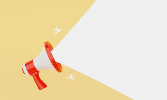 Red and white megaphone announcing white empty blank space message balloon on yellow background. Business and marketing concept. 3D illustration rendering