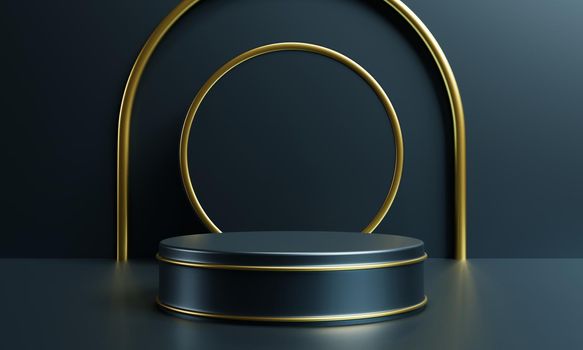 Luxury gold and dark blue podium for cosmetics advertising template background. Object and business mockup concept. 3D illustration rendering