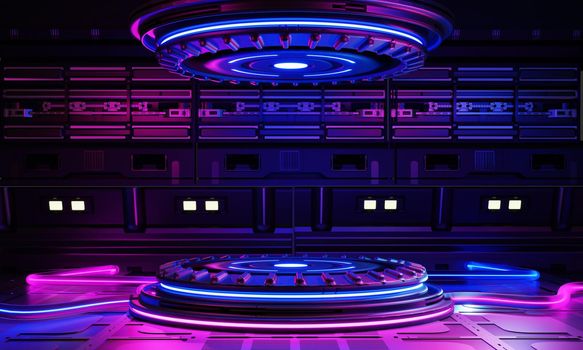 Cyberpunk sci-fi product podium showcase in spaceship base with blue and pink background. Technology and object concept. 3D illustration rendering