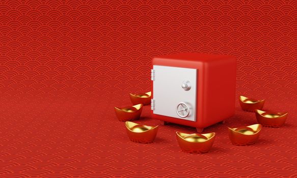 Safe box with Chinese gold ingot and Chinese culture pattern background. Chinese new year and Money savings security concept. 3D illustration rendering