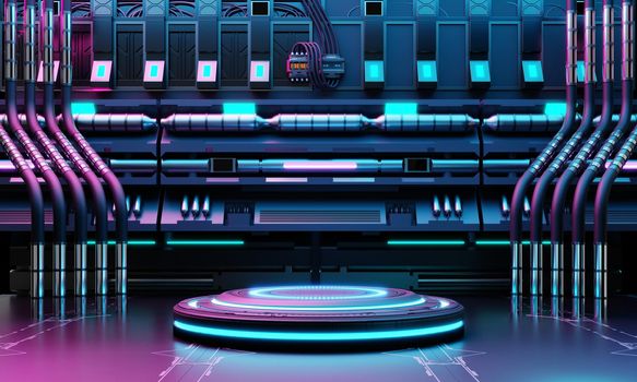 Cyberpunk sci-fi product podium showcase in spaceship base with blue and pink background. Technology and object concept. 3D illustration rendering