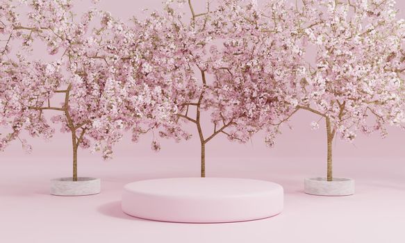Minimal style cylinder pink product podium showcase with cherry blossom tree or "Sakura" in Japanese language at public garden. Technology and object concept. 3D illustration rendering