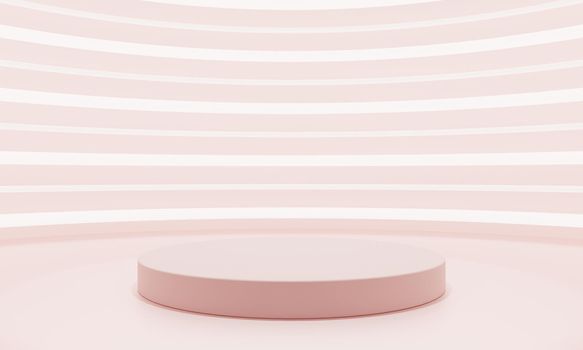 Minimal style curves pink product podium showcase with white and pink neon background. Technology and object concept. 3D illustration rendering