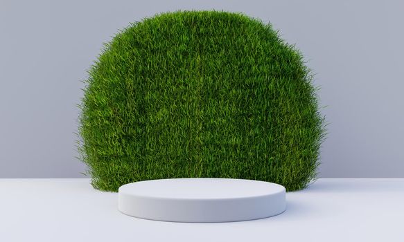 White podium with grassy circular board background. Object and Nature concept. 3D illustration rendering