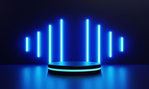 Modern product showcase sci-fi podium with blue glowing light neon background. Technology and object concept. 3D illustration rendering