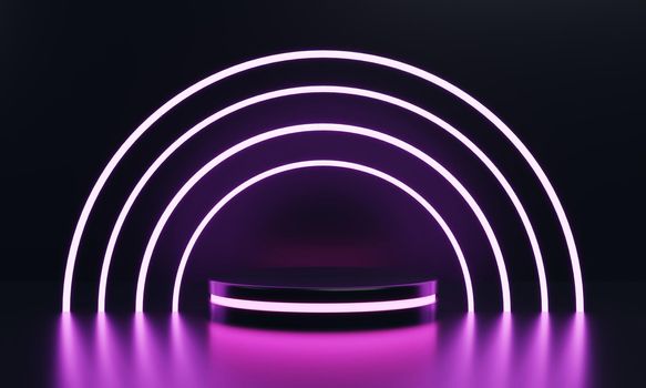 Modern round product showcase sci-fi podium with pink glowing light neon ring frame background. Technology and object concept. 3D illustration rendering