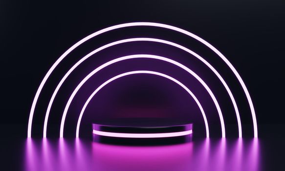 Modern round product showcase sci-fi podium with pink glowing light neon ring frame background. Technology and object concept. 3D illustration rendering