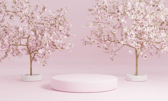 Minimal style cylinder pink product podium showcase with cherry blossom tree or "Sakura" in Japanese language at public garden. Technology and object concept. 3D illustration rendering