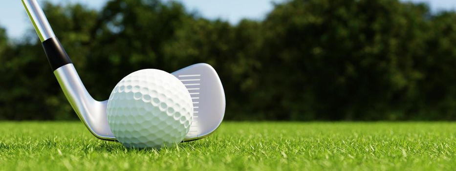 Golf ball and golf club with fairway green background. Sport and athletic concept. Banner for advertising with copy space. 3D illustration rendering