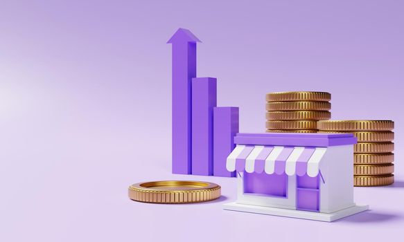 Supermarket store and stacking golden coins with rising profit bar graph on purple background with copy space. Financial business startup owner and economic concept. 3D illustration rendering