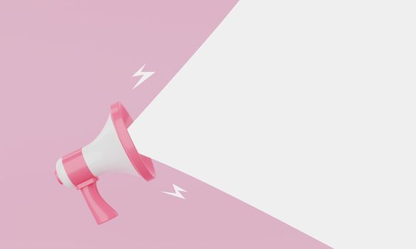 Pink pastel and white megaphone announcing white empty blank space message balloon on blue background. Business and marketing concept. 3D illustration rendering