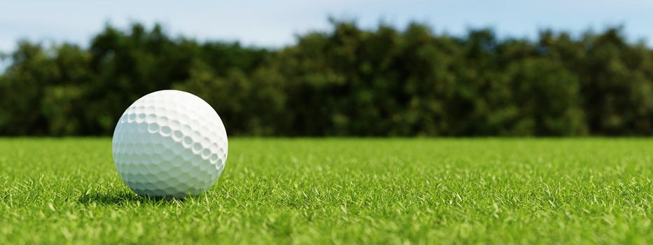 Golf ball on grass in fairway green background. Banner for advertising with copy space. Sport and athletic concept. 3D illustration rendering