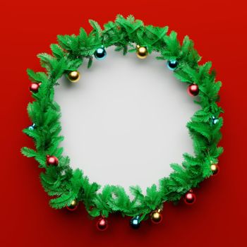 Christmas garland pine decoration with empty space in the middle on red and white background. Xmas holiday culture and new year concept. 3D illustration rendering