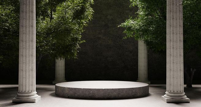 Round stone platform with Corinthian pillars and natural trees with shadow background. Historical and landmark object for advertising concept. 3D illustration rendering