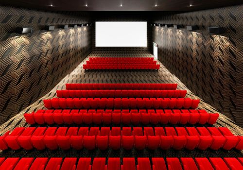 Blank white luminous cinema movie theatre screen with realistic red rows of seats and chairs with empty copy space background. Movie premiere and Entertainment concept. 3D illustration rendering