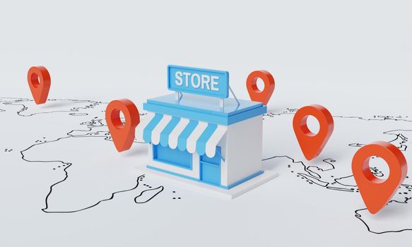 Store shop with location pin as franchising of famous branding on the white map background. Business startup owner and entrepreneur communication information concept. 3D illustration rendering