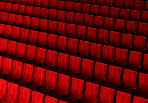 Rows of red velvet seats watching movies in the cinema with copy space banner background. Entertainment and Theater concept. 3D illustration rendering