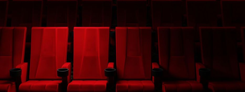 Rows of red velvet seats watching movies in the cinema with spotlight only couple deluxe seat background. Entertainment and Theater concept. 3D illustration rendering