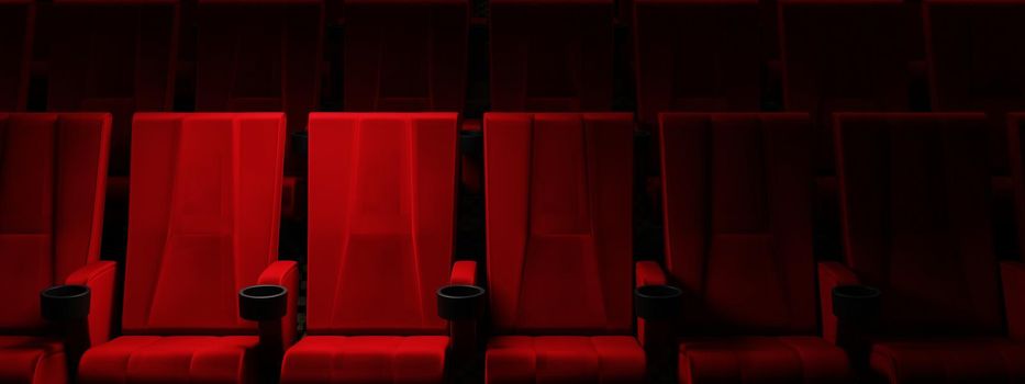 Rows of red velvet seats watching movies in the cinema with spotlight only couple deluxe seat background. Entertainment and Theater concept. 3D illustration rendering
