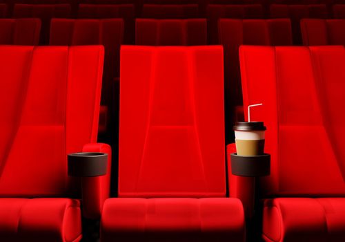 Rows of red velvet seats watching movies in the cinema with copy space banner background. Entertainment and Theater concept. 3D illustration rendering