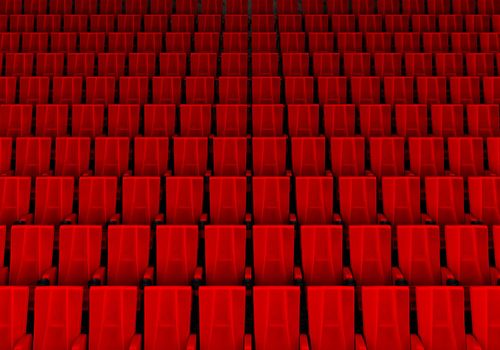 Rows of red velvet seats watching movies in the cinema with copy space banner background. Entertainment and Theater concept. 3D illustration rendering