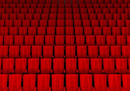 Rows of red velvet seats watching movies in the cinema with copy space banner background. Entertainment and Theater concept. 3D illustration rendering