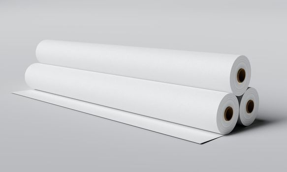 Three paper rolls on gray background. Object and industry concept. 3D illustration rendering