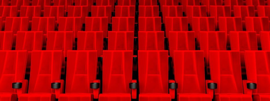 Rows of red velvet seats watching movies in the cinema with copy space banner background. Entertainment and Theater concept. 3D illustration rendering