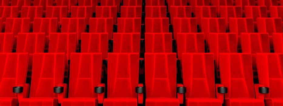 Rows of red velvet seats watching movies in the cinema with copy space banner background. Entertainment and Theater concept. 3D illustration rendering