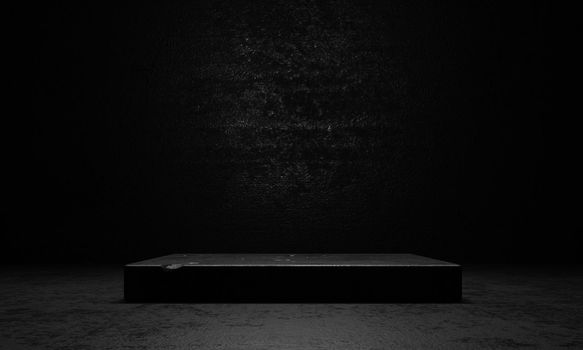 Black cement and concrete stage podium with spotlight and dark grunge wall background. Abstract and object for advertising concept. 3D illustration rendering