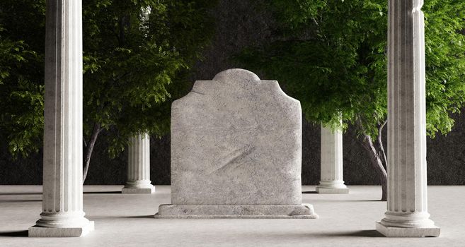 Realistic mockup of gravestone headstone tombstone with Corinthian columns and trees background. Memorial day and historical concept. 3D illustration rendering