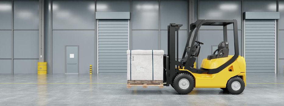 Forklift truck in warehouse moving and loading cardboard pallet box with copy space background. Industrial machine and business transportation concept. 3D illustration rendering